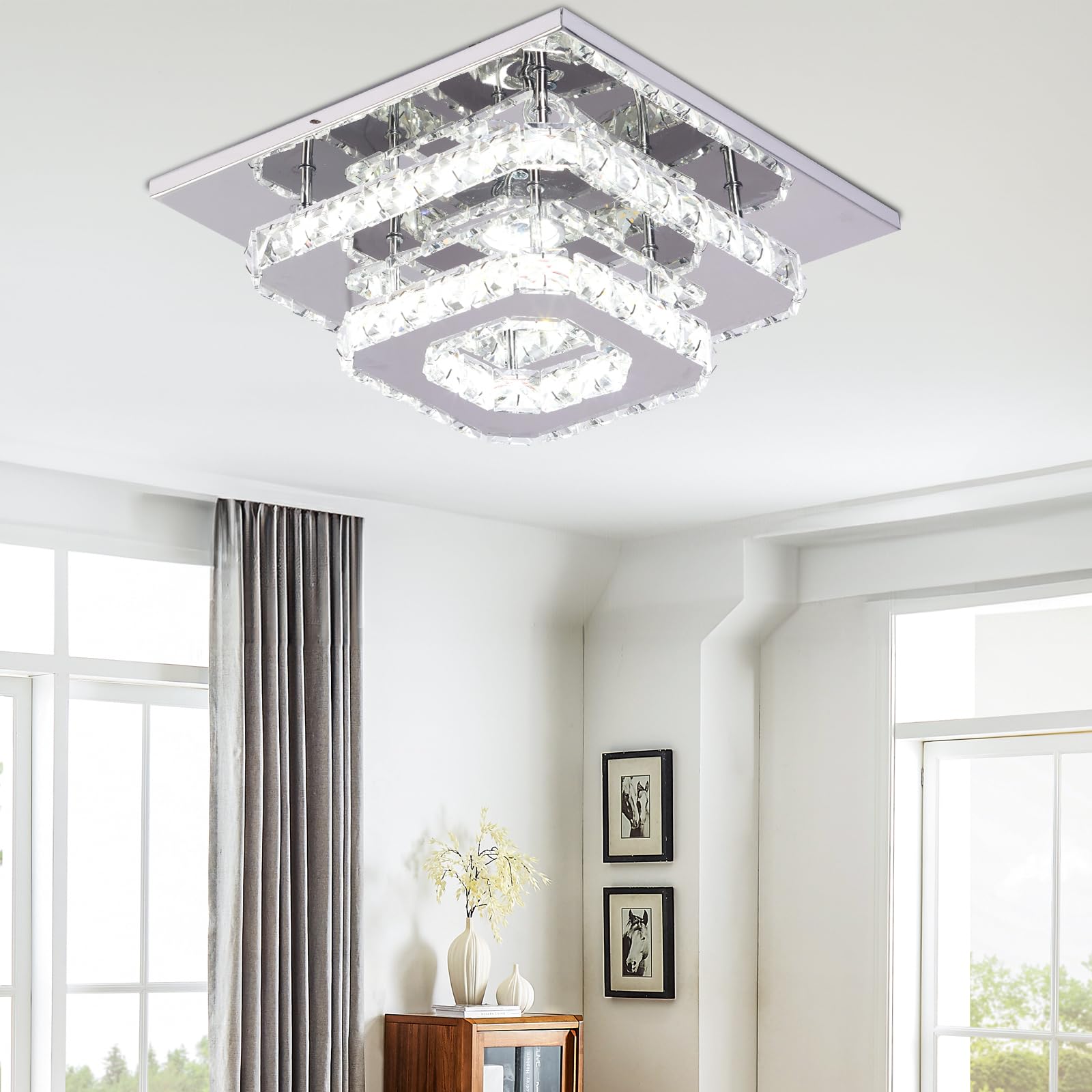 YPQXYHDA 9.8" Square Crystal Ceiling Light Modern LED Chandelier Light Flush Mount Square Ceiling Light for Bedroom Stairwells Cafes Entryway Hallway Light Fixture Cool White