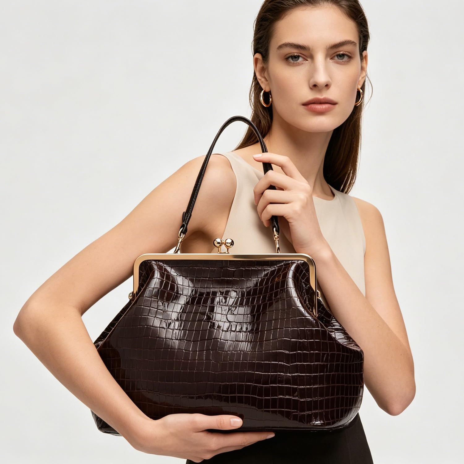 Kisslock Bag for Women Kiss Lock Purses and Handbags Leather Kisslock Shoulder Purse Trendy Tote Bag