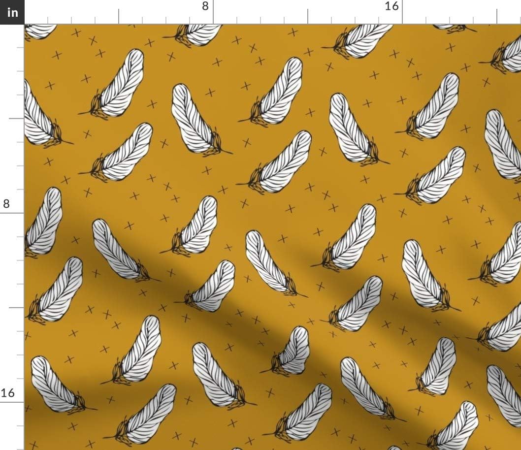 Spoonflower Fabric - Golden White Feather Feathers Gold Black Southwest Printed on Petal Signature Cotton Fabric Fat Quarter - Sewing Quilting Apparel Crafts Decor