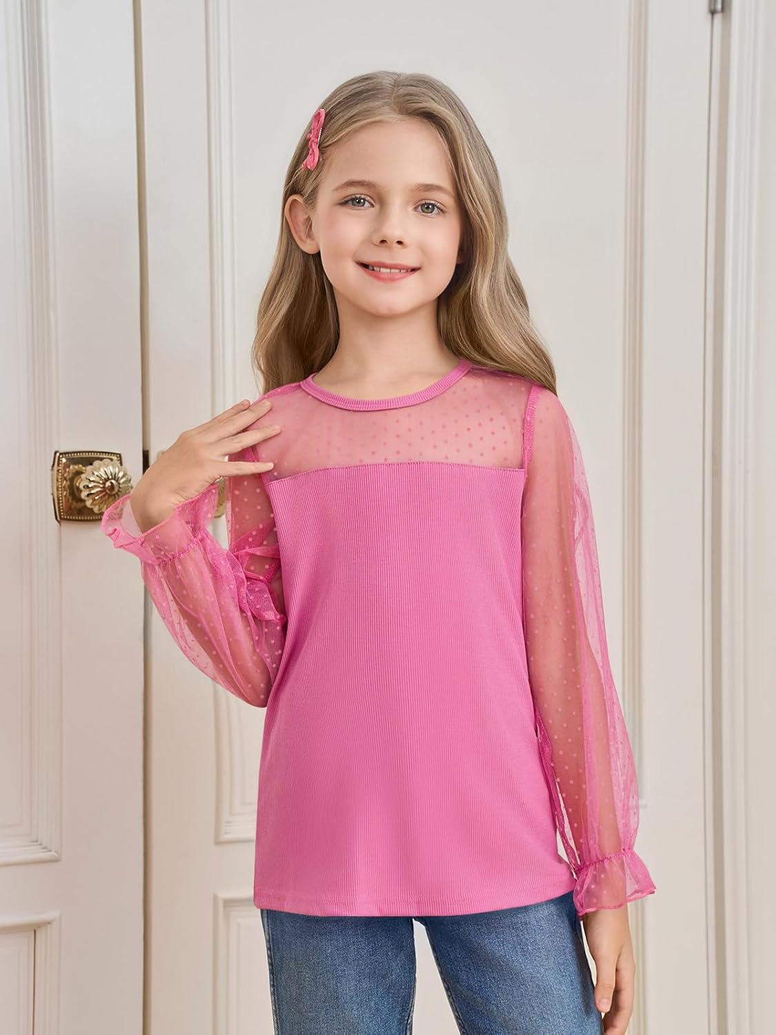 Yousify Girls Puff Long Sleeve Shirts Kids Cute Polka Dot Mesh Tops Blouses 5-14 Years - Image 2