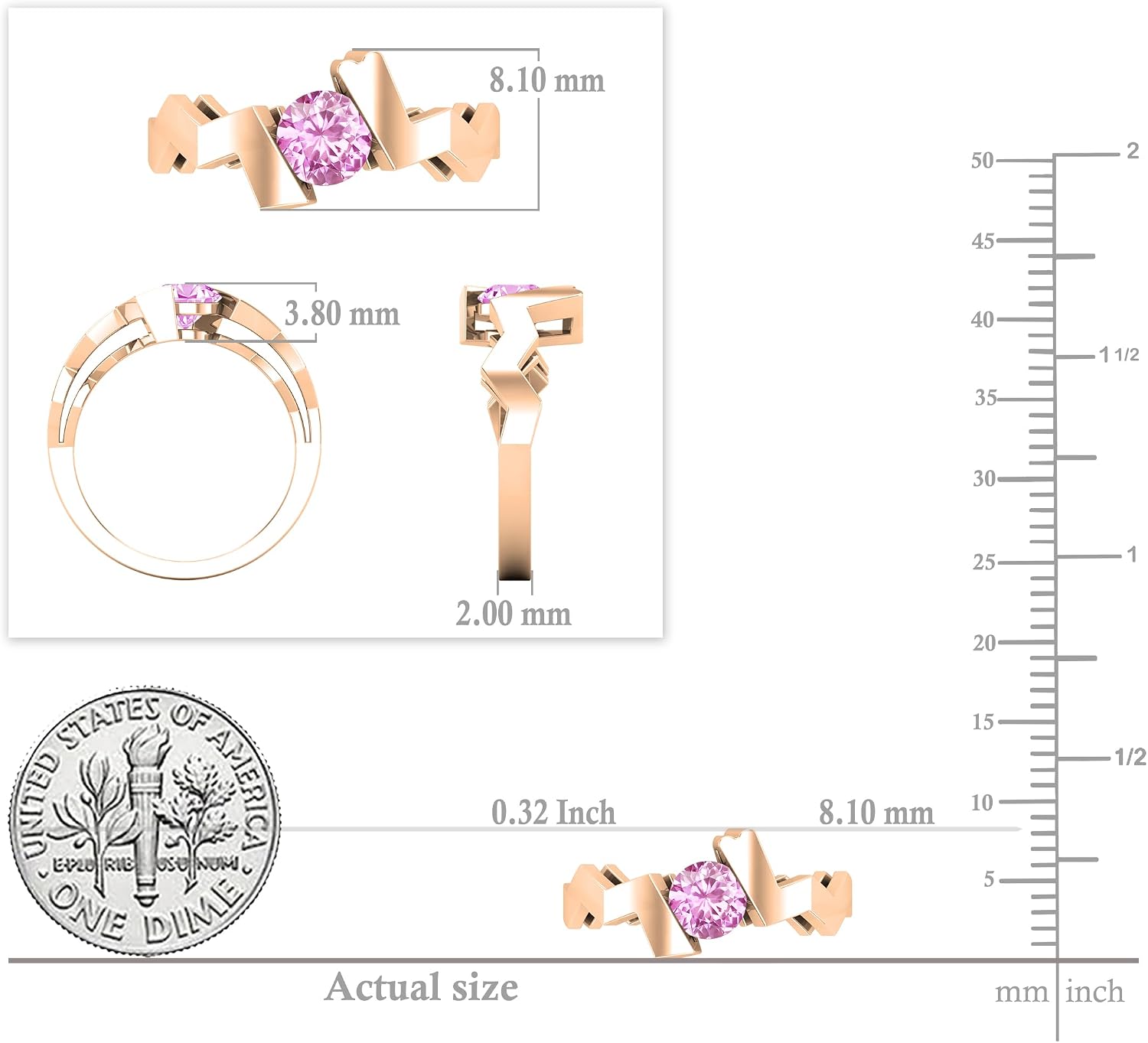5mm Round Lab Created Pink Sapphire Zigzag Solitaire Engagement Ring for Women in 18K Real Solid Gold
