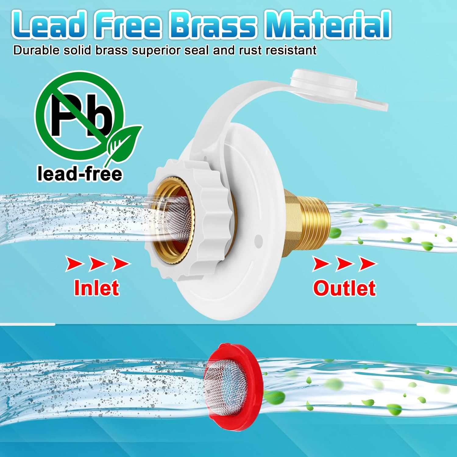 2Pcs RV Water Inlet Replacement, RV City Water Inlet with Check Valve, 3/4 NH Female to 1/2 NPT Male Lead-free Brass RV Fresh Water Fill Inlet Flange Connection Kit