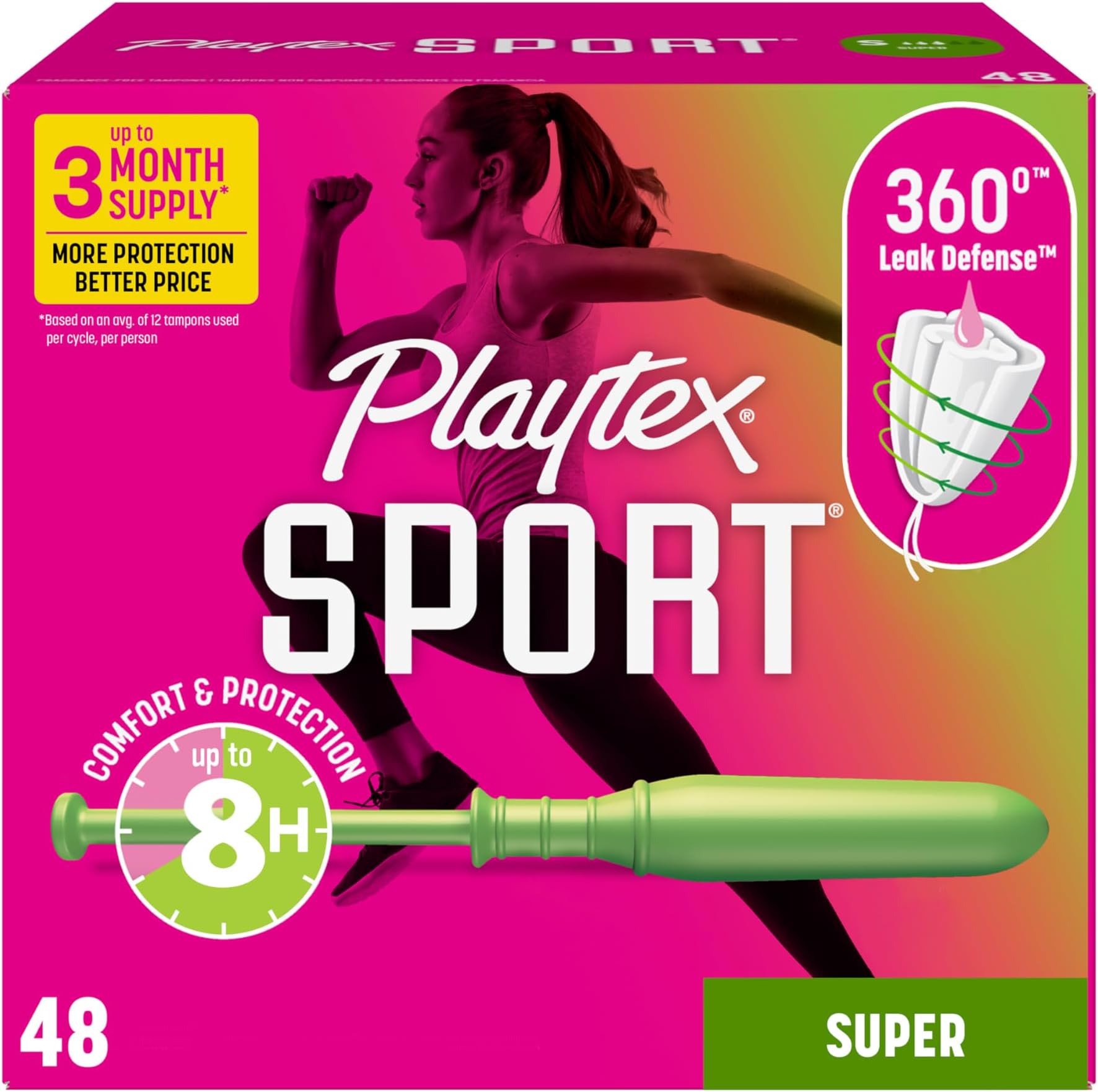 Playtex Sport Tampons Super Absorbency, Fragrance-Free - 48ct | Super Tampons for Women, Feminine Care, Playtex Tampon with 360 Leak Defense