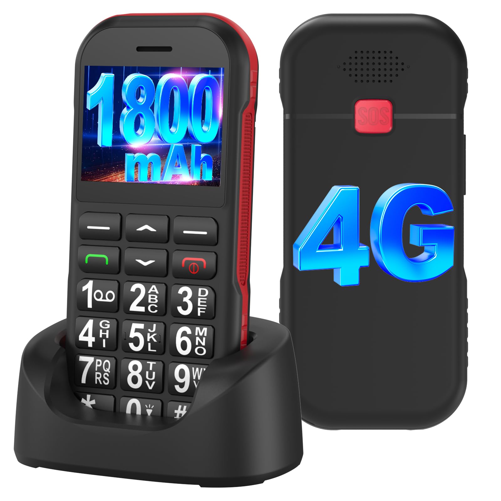 CHAKEYAKE Senioren mobiele telefoon zonder contract, 4G Flip Seniorentelefoon met grote knoppen, Dual SIM Seniorentelefoon met 2,8 inch groot scherm, SOS-noodknop,1200 mAh batterij, laadstation (rood