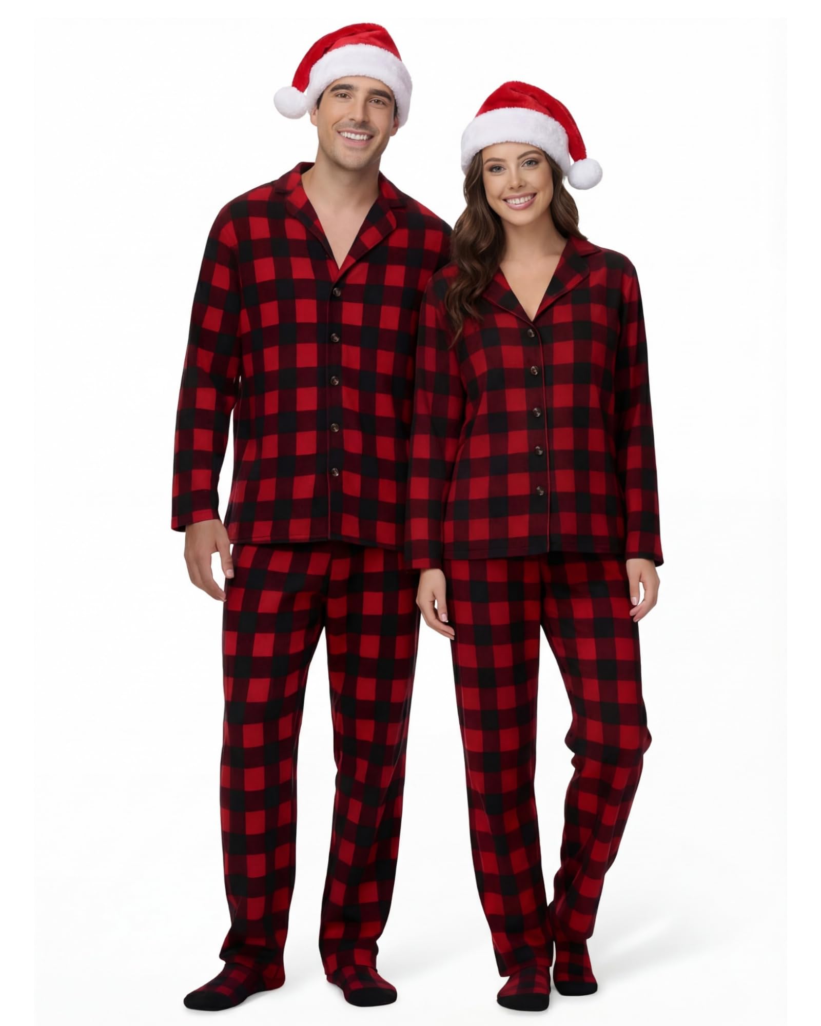 twistover Christmas Couples Pajamas Matching Set Family Pajama Xmas Fleece Button Plaid Sleepwear with Sock and Christmas Hat-picture-48