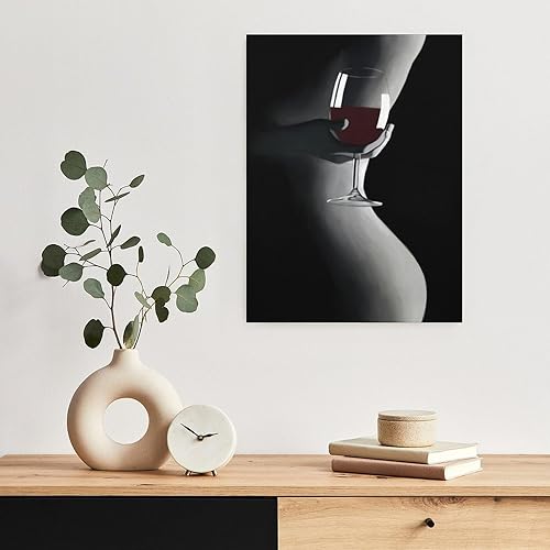 Miniatura 4 de Arte de pared de vino tinto en blanco y negro, mujer sexy, sosteniendo una copa de vino, lienzo artístico y arte de pared, póster artístico y arte