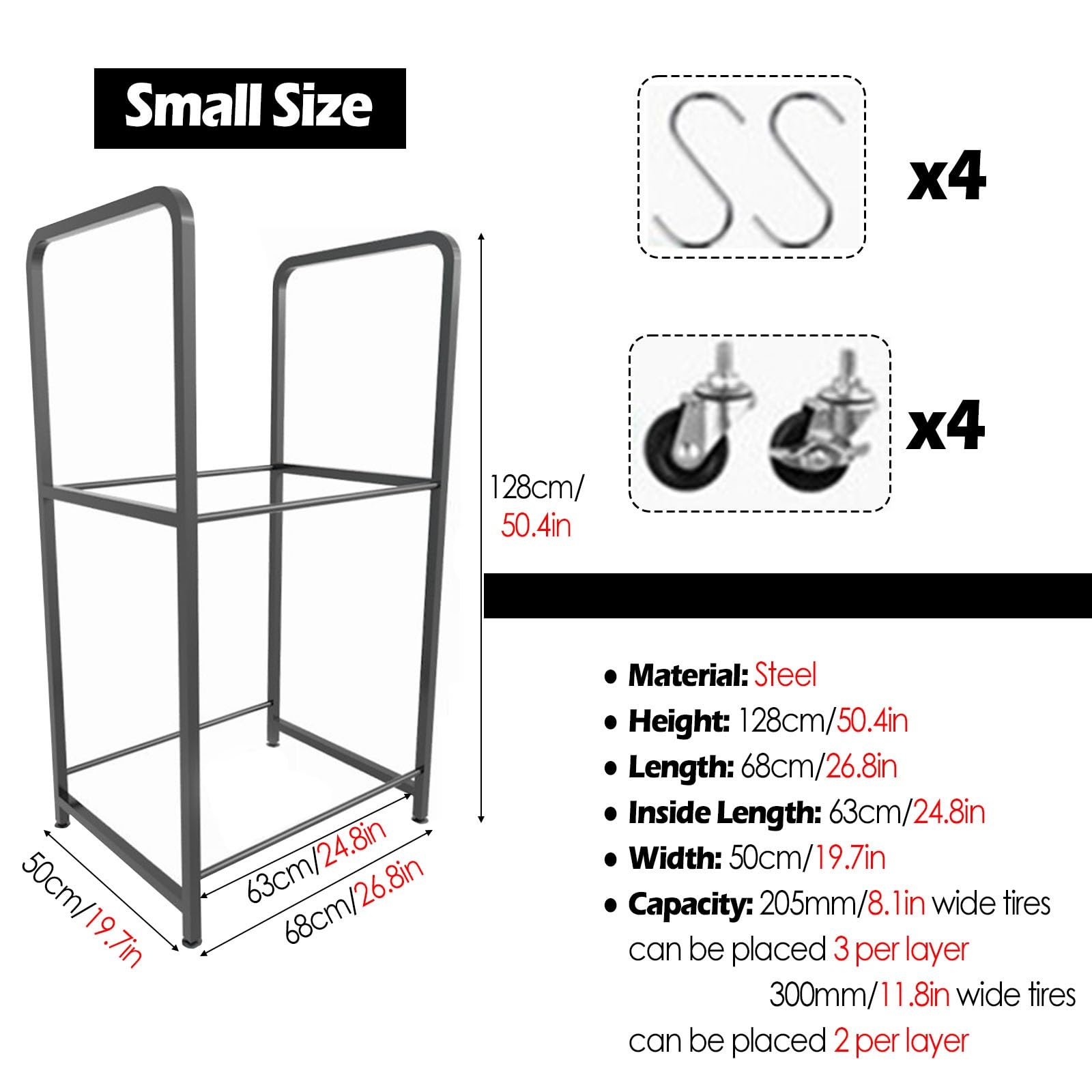 Porta Pneumatici su Ruote da Pavimento, Supporto per Pneumatici da Officina/Garage per Cerchi/Ruote di Scorta/Ruote da Pista, Porta Pneumatici in Acciaio Resistente,S