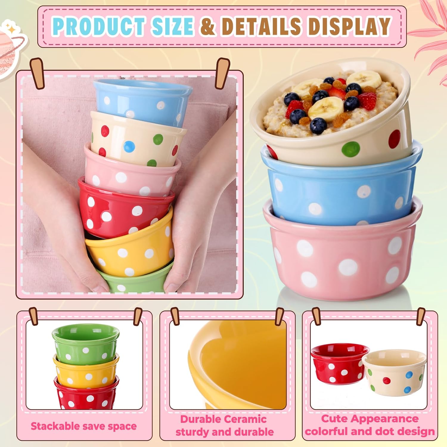 6 Pack 6 oz Colorful Ice Cream Ceramic Bowls Ceramic Ramekins Oven Safe Small Dessert Cups Porcelain Baking Cups Single Mini Bowls for Personal Pudding Souffle Serving Dip