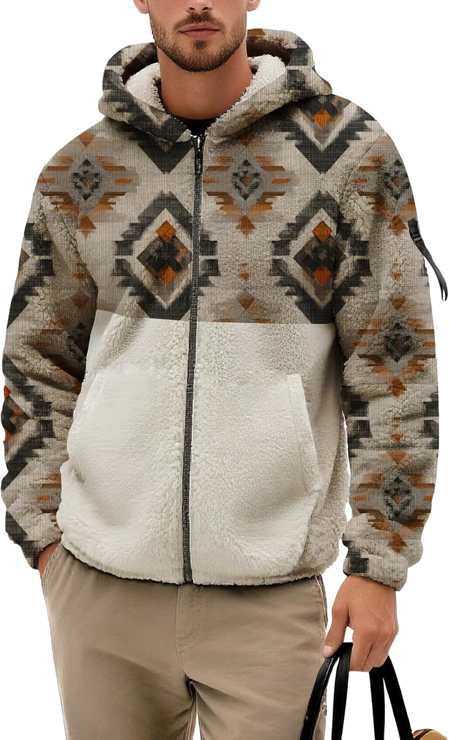 Mens Fleece Jacket Western Ethnic Print Zip Up Long Sleeve Sherpa Athletic Hoodie Winter Vintage Coat with Pockets