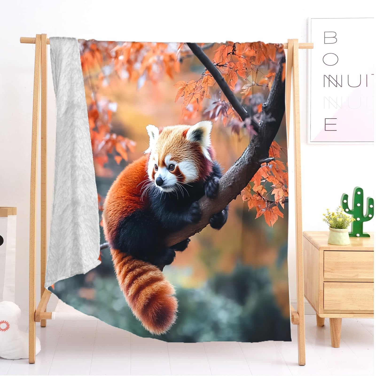Koc polarowy XXL, 180 x 200 cm, zwierzęta, czerwona panda, liście klonu, sherpa, flanela, koc ciepły, miękki, pomarańczowy, na sofę, do odpoczynku, samochodu, biura, domu