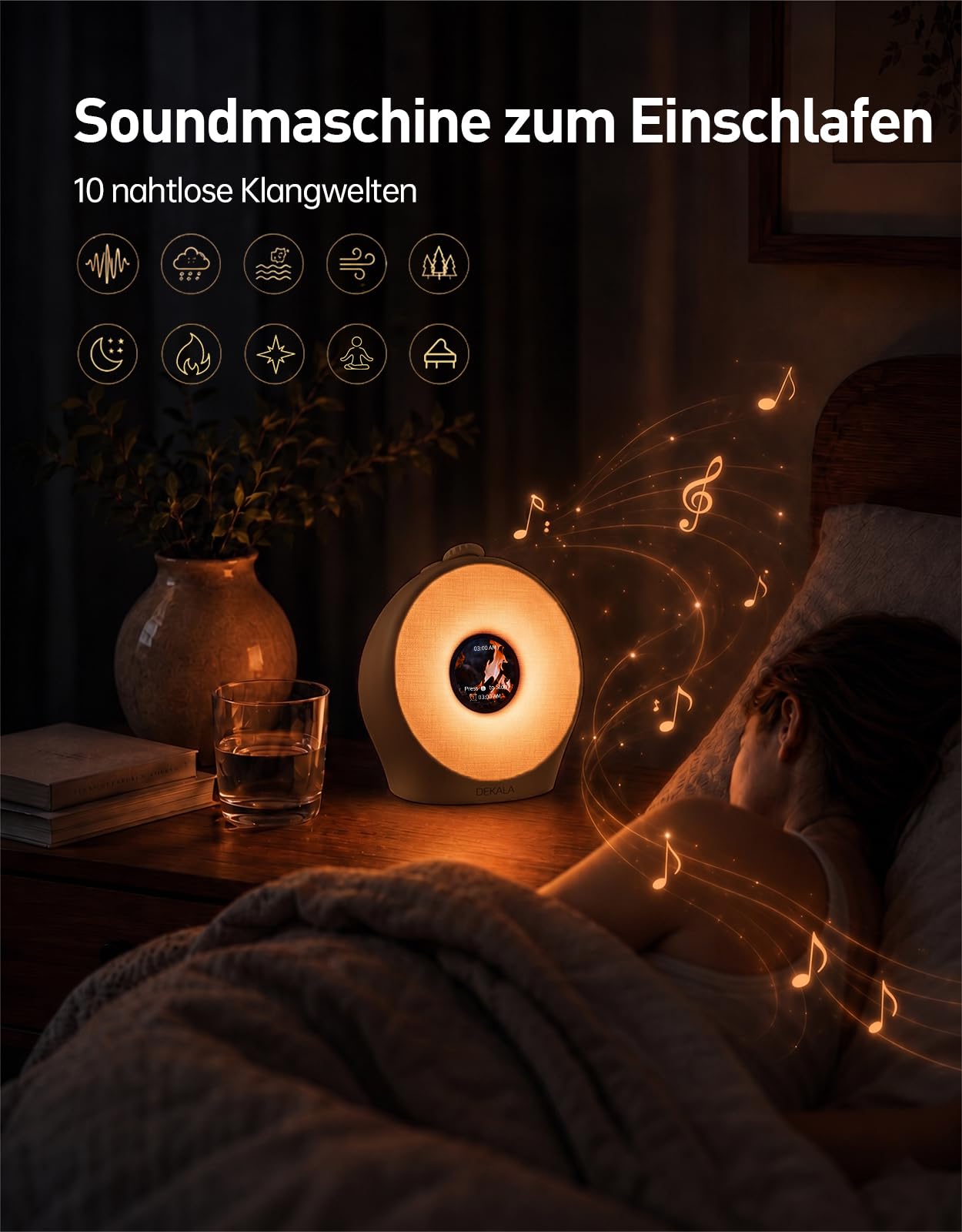 Dekala Tageslichtwecker für Tiefschläfer mit Pulse Wake 95 dB, Lichtwecker Sonnenaufgang & Sunset Sleep, Wake Up Light, 7 Display-Themen, Sound Machine, Atemlicht, 4 Alarme, Farbdisplay, Ohne App