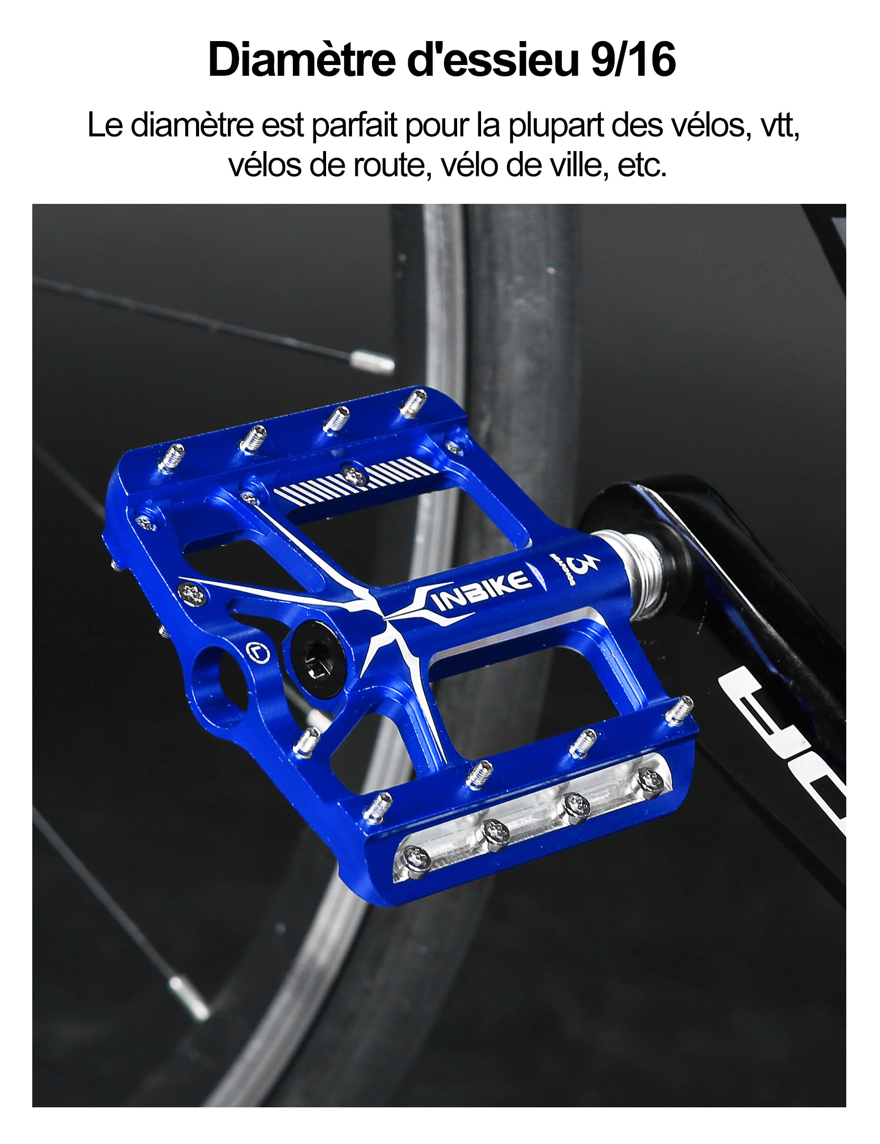 Pédales VTT INBIKE Alliage Aluminium 9/16 - Plates Anti-Dérapantes Avec Crampons - Bleu/Rouge/Noir