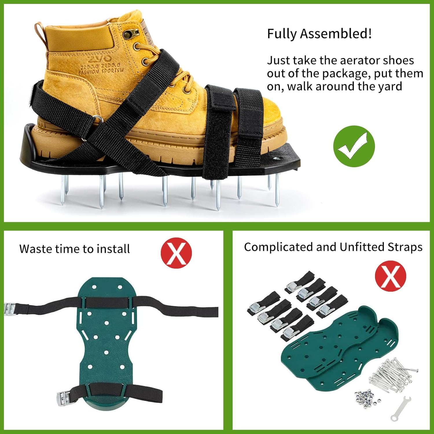 Lawn Aerator Shoes Free-Installation Grass Aeration Shoes with Stainless Steel Shovel, Heavy Duty Lawn Aerator Spike Shoes Lawn Aeration Tool with Hook & Loop Strap for Yard & Patio Black