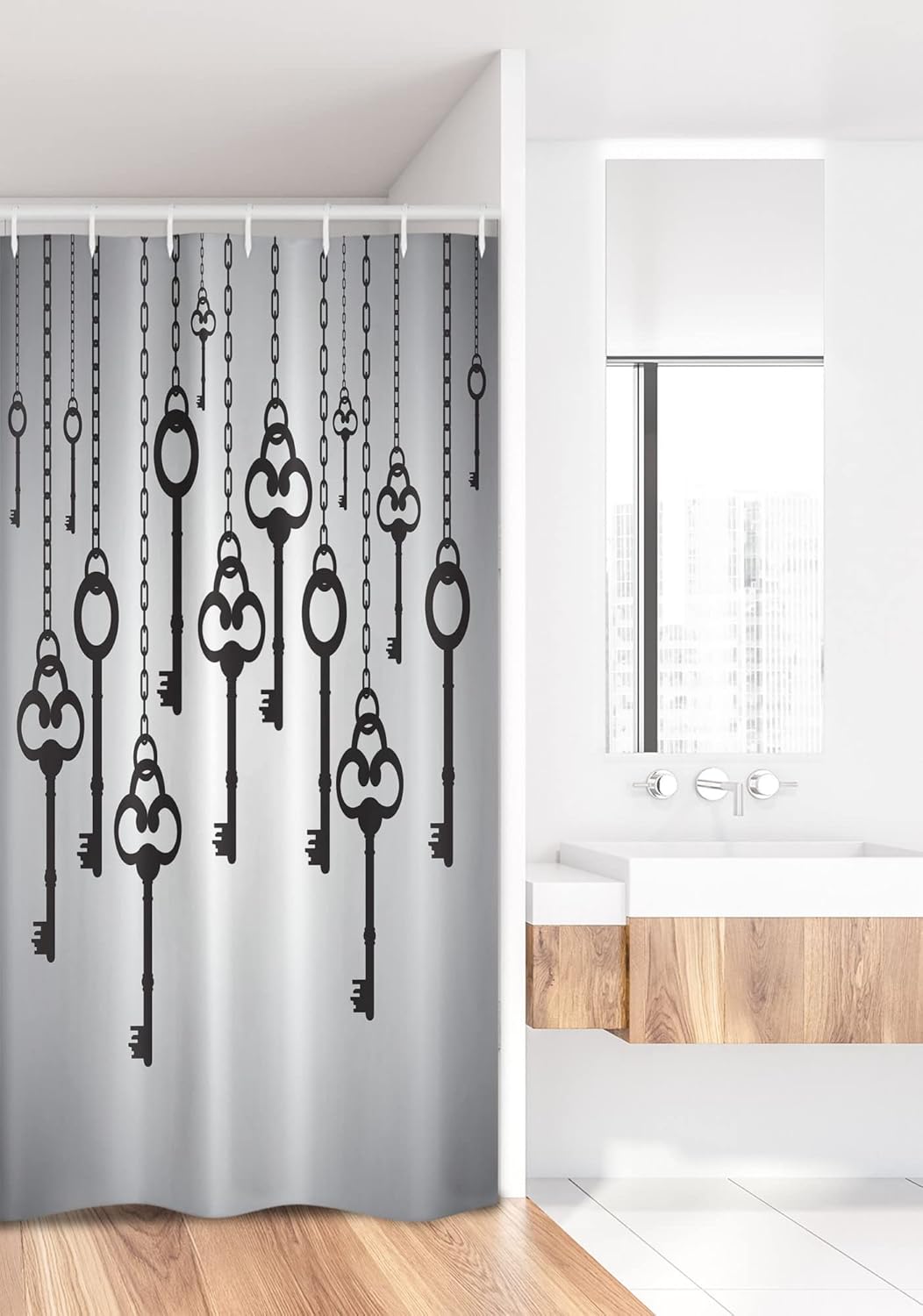 Ambesonne Antique Stall Shower Curtain, Silhouettes of Old Keys Hanging Chain Links Unlocking Security Home Opener, Fabric Bathroom Decor Set with Hooks, 36" W x 72" L, Pale Grey Black
