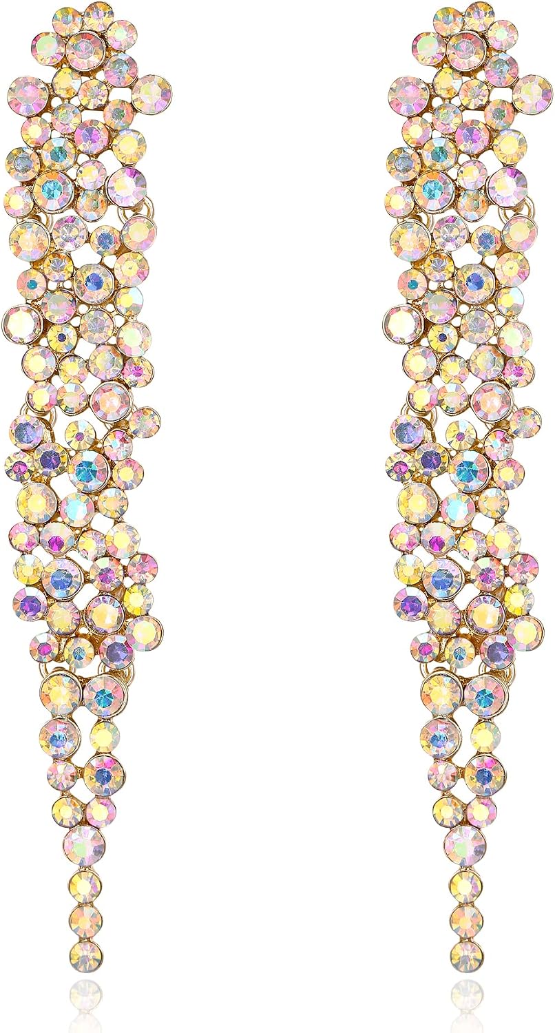 EVER FAITH Wedding Rhinestone Crystal Art Deco Statement Earring, Banquet Prom Long Chandelier Dangle Earrings for Women Bride