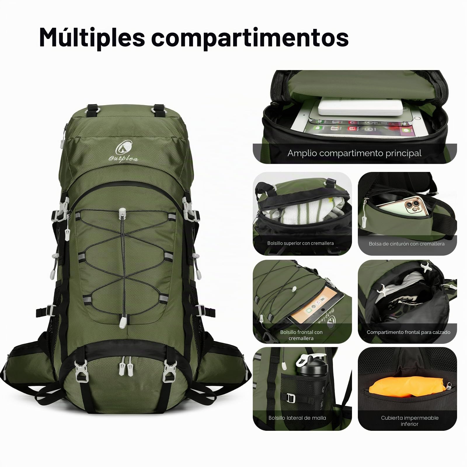Mochila de Senderismo 60L Impermeable con Cubierta de Lluvia, Mochila de Montaña y Trekking para Hombre Mujer, Verde