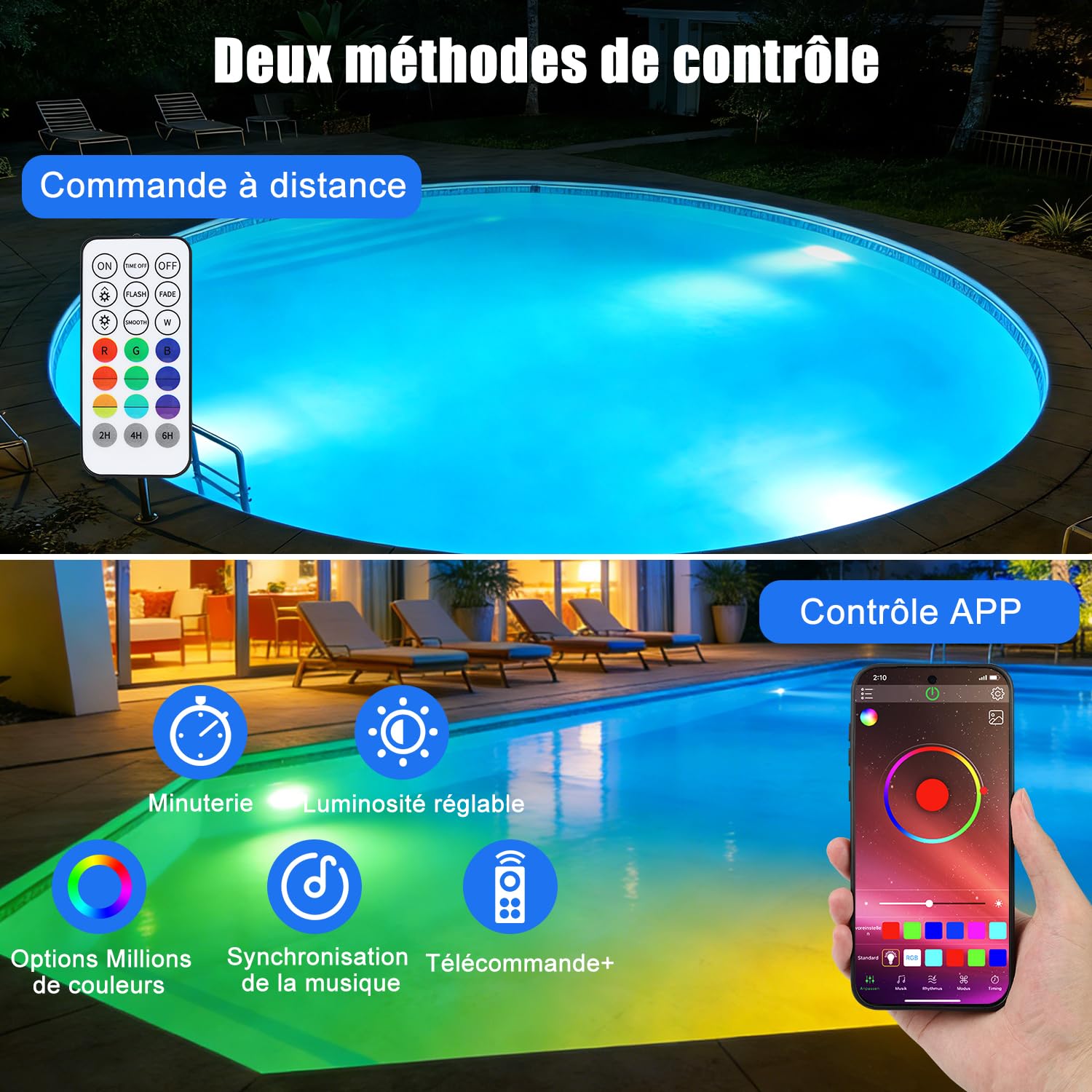 COOLWEST Projecteur Piscine LED pour Piscine hors sol, 24W RGB Smart LED Lampe Couleur Contrôlé par APP pour Piscines Acier, Éclairage Piscine Magnétique, Étanchéité IP68, Minuterie, 12V, 7m Câble