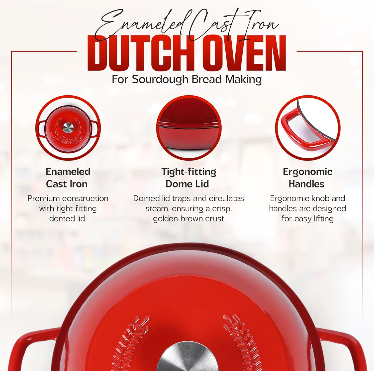 6 QT Enameled Cast Iron Dutch Oven - Sourdough for Bread Baking & Casseroles and more - 10 inch base, includes 5 Blade Bread Lame & Non-Stick Silicone Sling - Oven Safe to 500°F Bread Loaf Pan with Lid - Sourdough Bread Oven - Cast Iron Enamel Bread Loaf Pan - Image 5