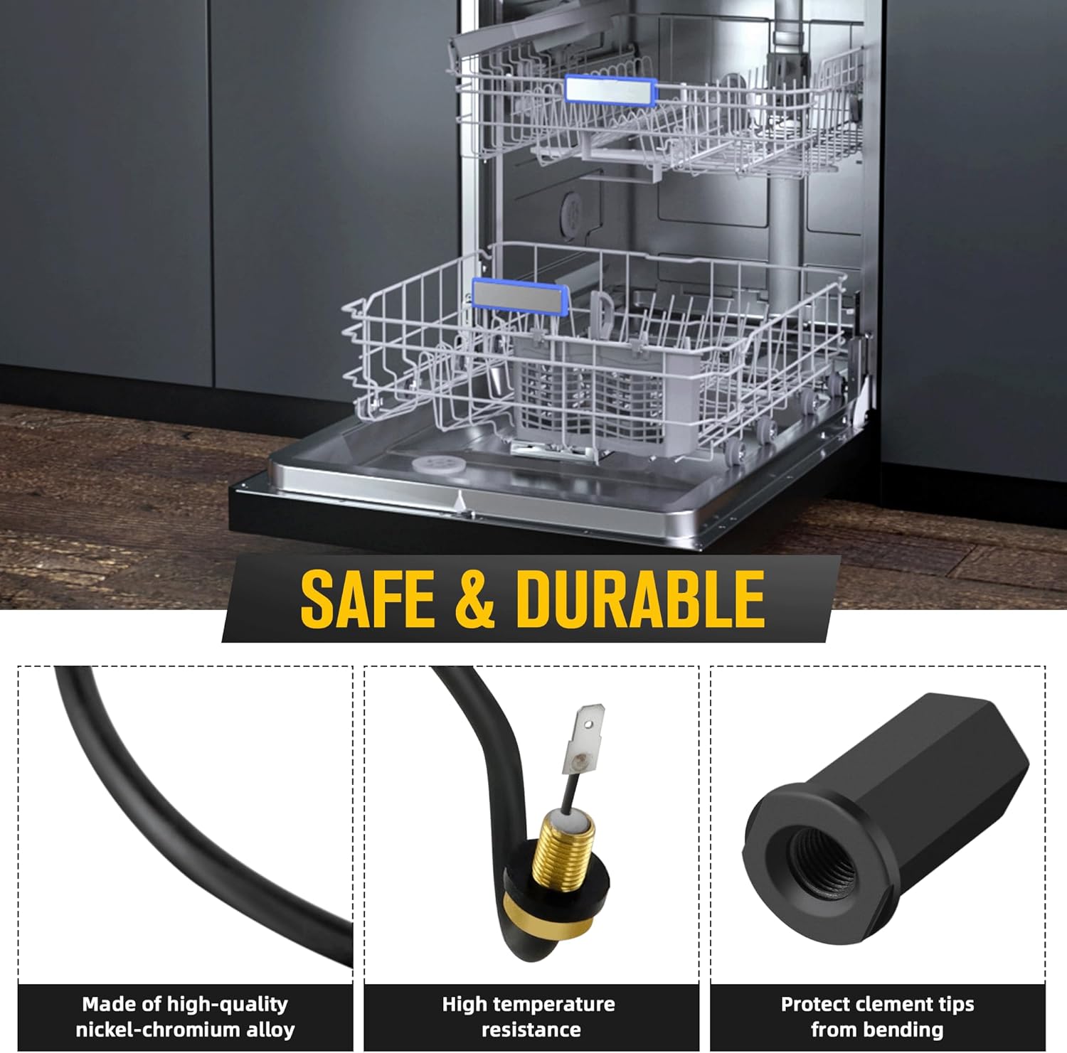 Close-up of heating element features: nickel-chromium alloy, high temperature resistance, and tip protection