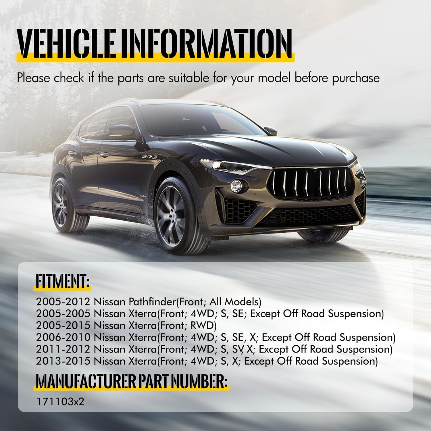 KUSATEC Front Pair Complete Struts Shock Absorber fit for Nissan Pathfinder 2005-2012; Xterra 2005-2015, 171103x2 Left/Right Struts with Coil Spring Assemblies