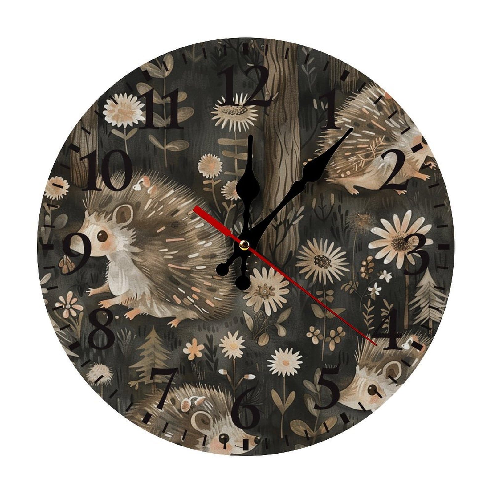 NTVOWPZO 10 Inch Wall Clock Gray Hedgehog Battery Operated Wall Clocks Silent Non-Ticking Round Wall Clock for Living Room Kitchen Home Office Wall Decorative Clock