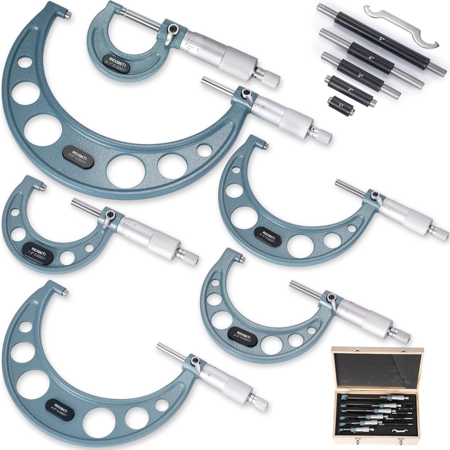 REXBETI 6Pcs Outside Micrometer Set, 0-6" Machinist Micrometer, Ultra-Precision Carbide Tipped Measuring Tool Set, 0.001" Graduation, +/-0.0001" Accuracy, Protective Case