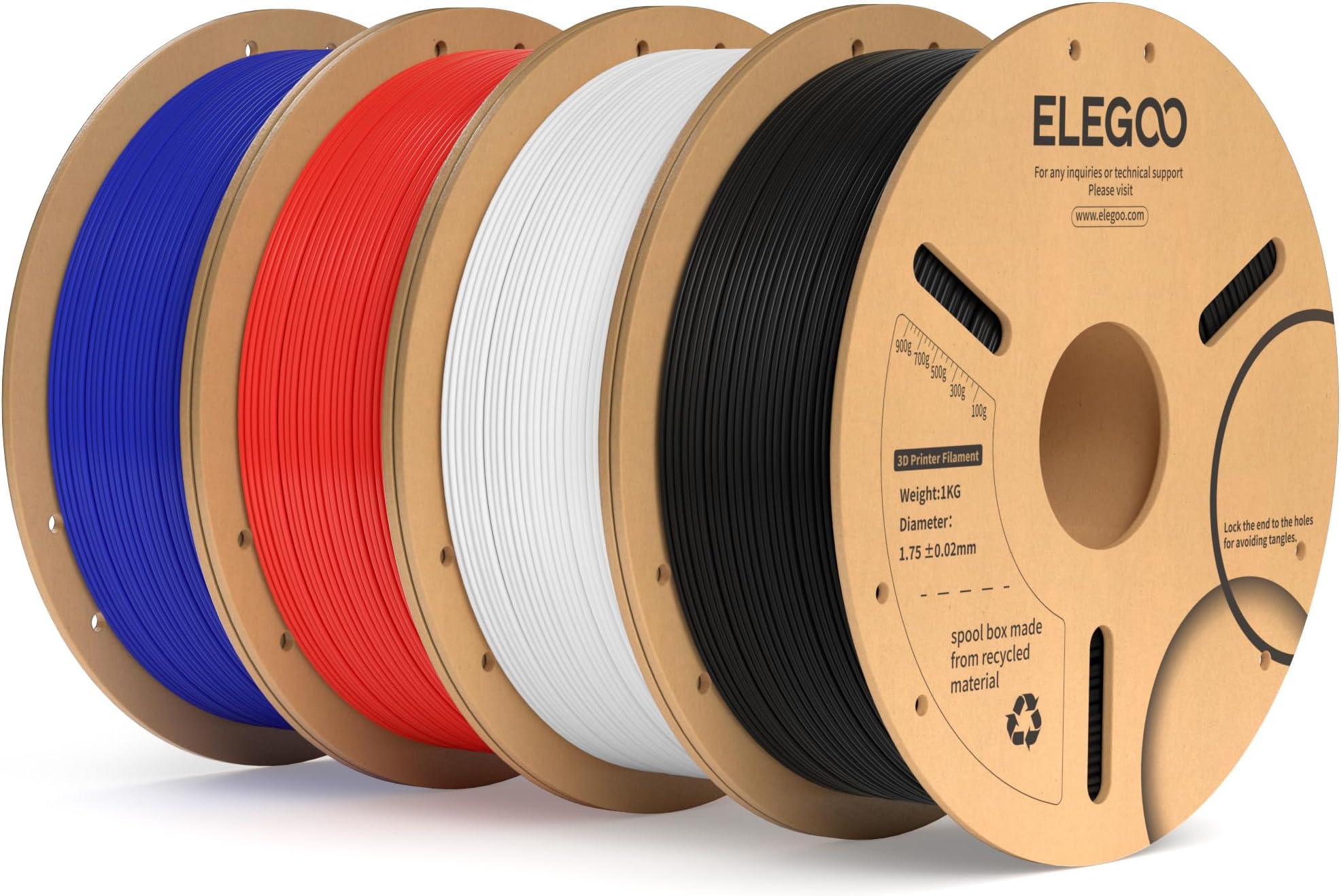 ELEGOO PLA Plus Filament 1.75mm Bundle 4KG, PLA+ Tough 3D Printer Filament Dimensional Accuracy +/- 0.02mm, 4 Pack 1kg Spool(2.2lbs) Fits for Most FDM 3D Printers(Black, White, Blue, Red)