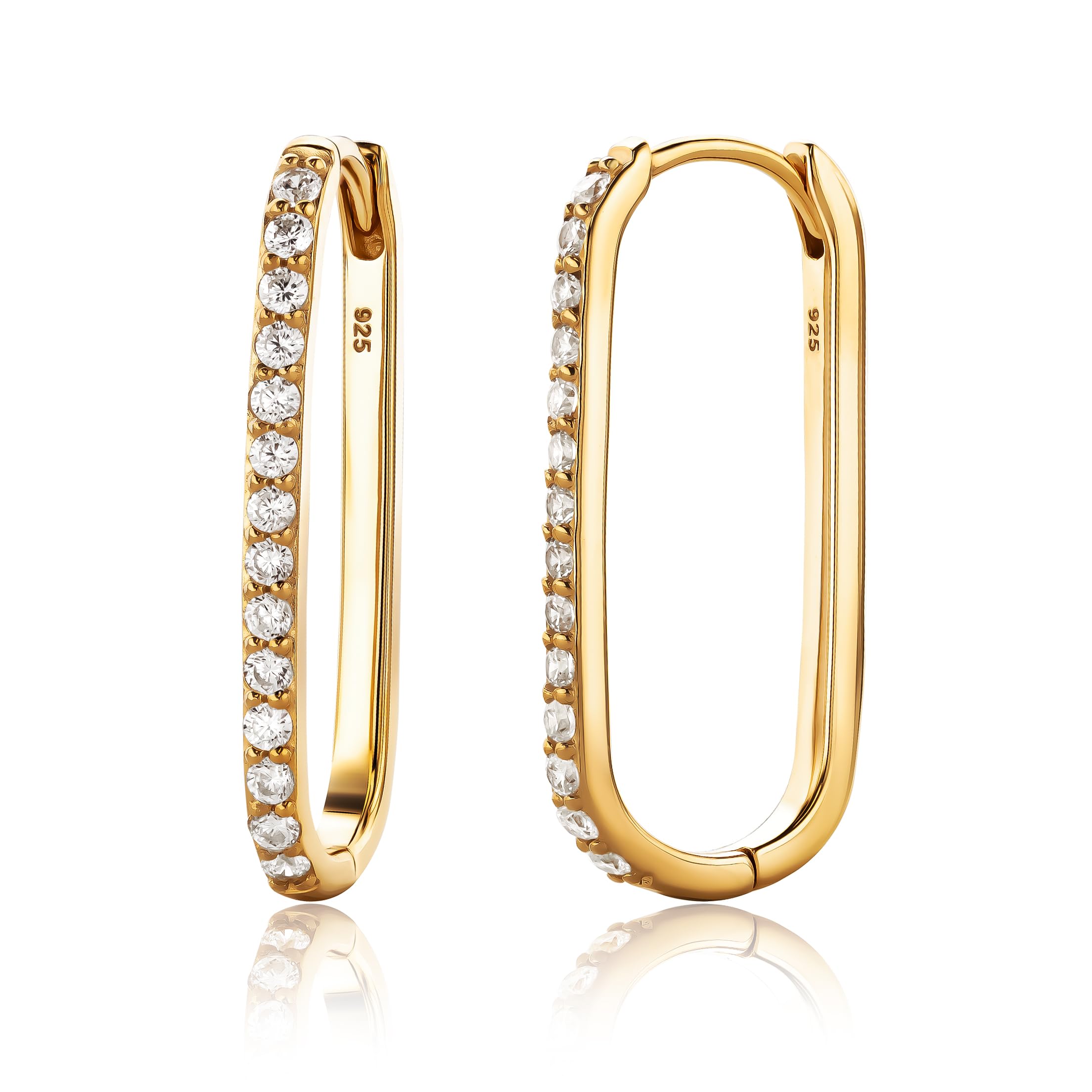 Miore Orecchini Donna Argento e Placcati Oro Giallo 18KT, Orecchini cerchio Ovale in Argento 925 e fila di Zirconi. Orecchino Classico anallergico.