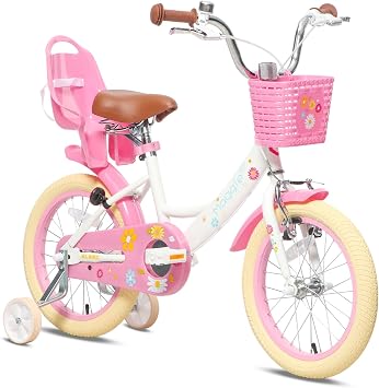 Glerc Maggie 12 14 16 20 Inch Kids Bike for 2-13 Years Old, Girls Bicycle with Doll-Seat/Rear Carry Rack & Basket & Stabilisers/Kickstand, Multiple Colors