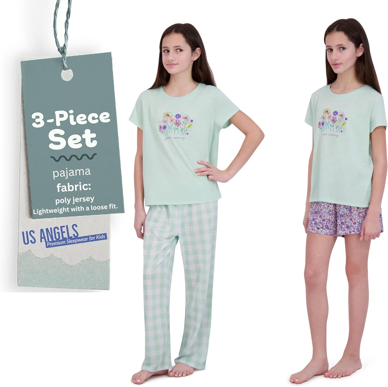 US Angels Girls Pajamas Set - 3-Piece PJs Set, Tee, Pants & Shorts, Soft Girls’ Sleepwear, Teen Kids Pajamas, Sizes 5-16 - Image 2