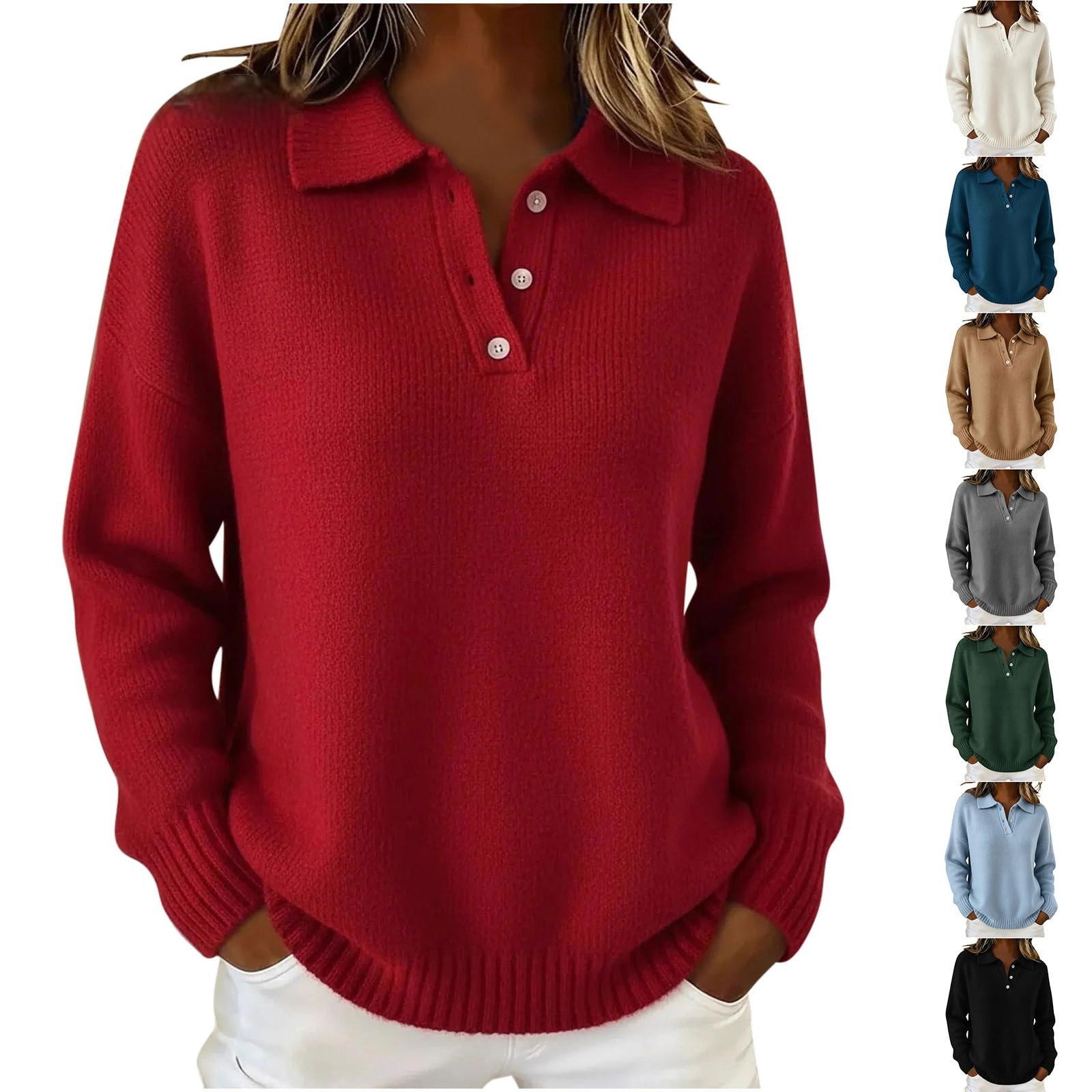 Pull élégant pour femme - Col polo - Pull en tricot - Grandes tailles - Manches longues - Décontracté - Couleur unie