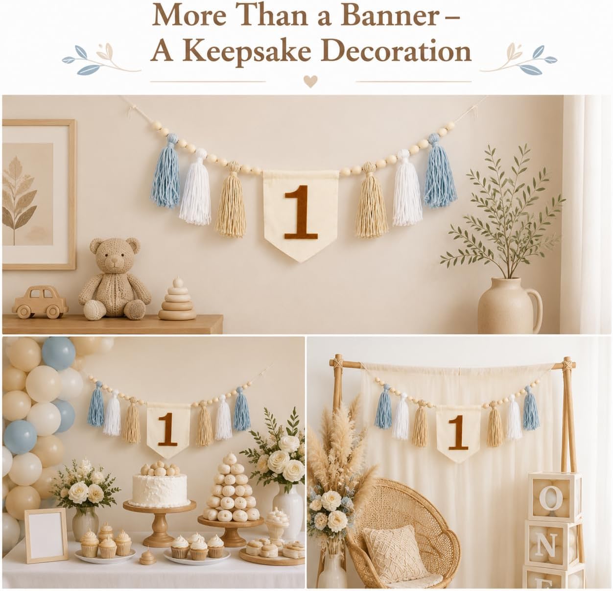 Wood Bead Tassel Birthday Banner Chair Garland Party Decor, Photo Set | Handcrafted Boho Wood Bead Tassel Banner With Neutral Tones Perfect For Celebration Decor Reusable Party Backdrop Lightweight