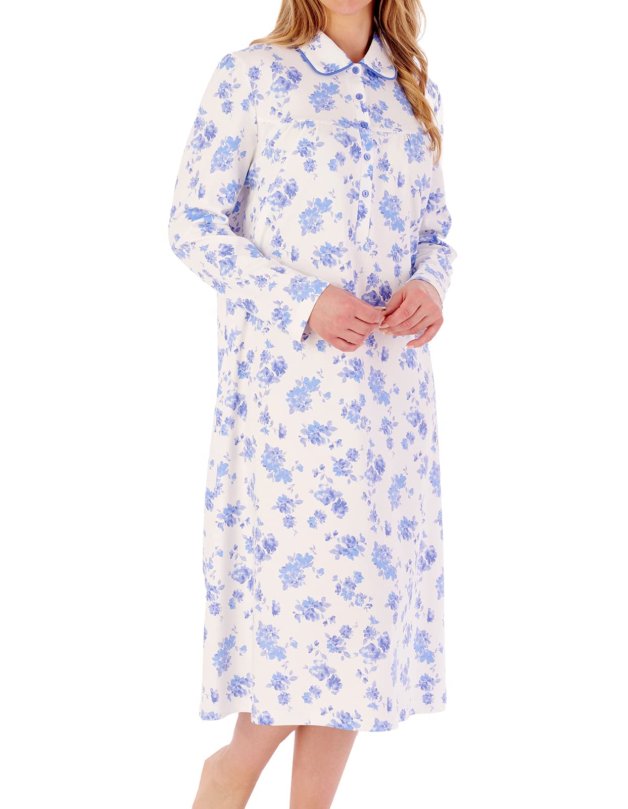 Slenderella Floral Print Interlock Long Sleeve Buttoned Top Cotton 45 inch Nightdress (24/26, Blue)