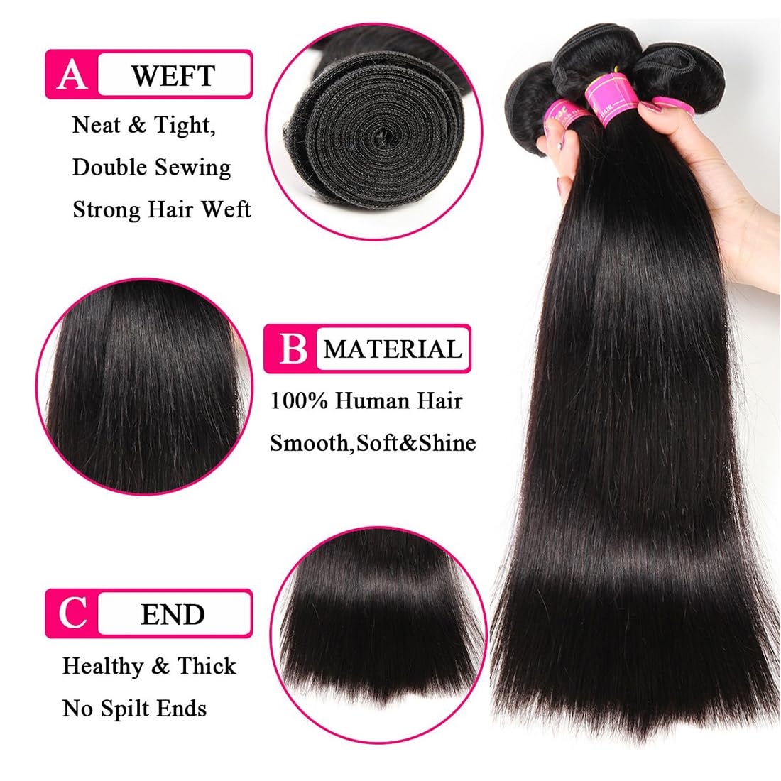 Straight Bundles Human Hair Raw Thick Straight Hair 12A 100% Unprocessed Brazilian Virgin Human Hair Bundles Hair Extension Double Weft Weave Natural Black, Keep Texture Silky Soft 12 14 16 Inch