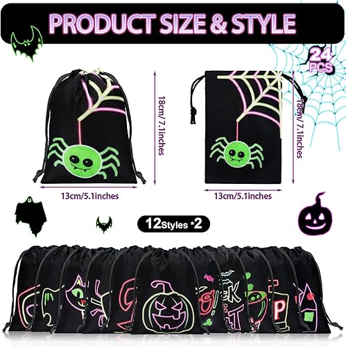 Miniatura 2 de Honoson 24 bolsas de regalo de fiesta de Halloween, bolsas de regalo con cordón de Halloween, bolsas de dulce o truco, bolsas de dulces de Halloween