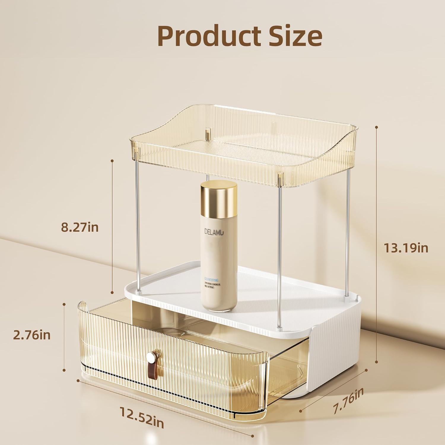Delamu 2PCS Bathroom Counter Organizer with Drawer, Multi-Purpose 3-Tier Makeup Organizer Countertop for Vanity, Large Cosmetic Display Case Perfume Tray Skincare Organizers, Amber
