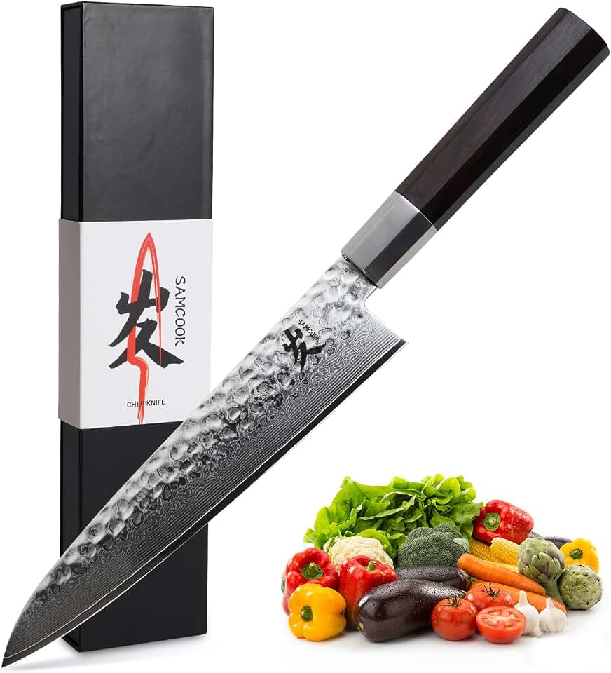 SAMCOOK Faca de chef japonesa – Faca Gyuto de Damasco com acabamento martelado profissional de 20 cm, faca de cozinha de aço de alto carbono Damasco, cabo ergonômico octogonal de ébano com caixa de