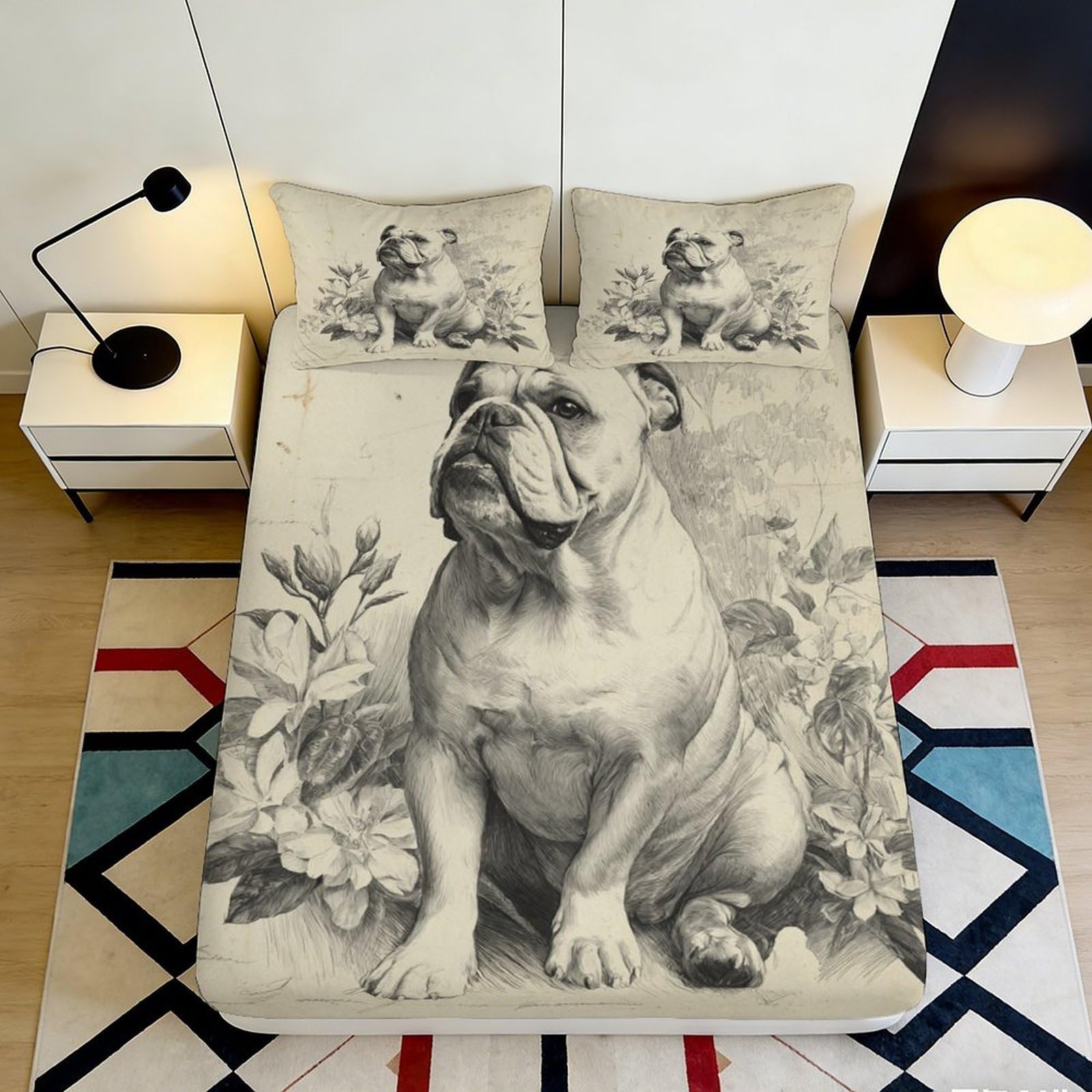 3D Printed Bulldog Pattern Fitted Sheet Microfiber Deep Pocket Non-Slip Bedroom Bulldog Mattress Fitted Cover Washable 140x200x25cm