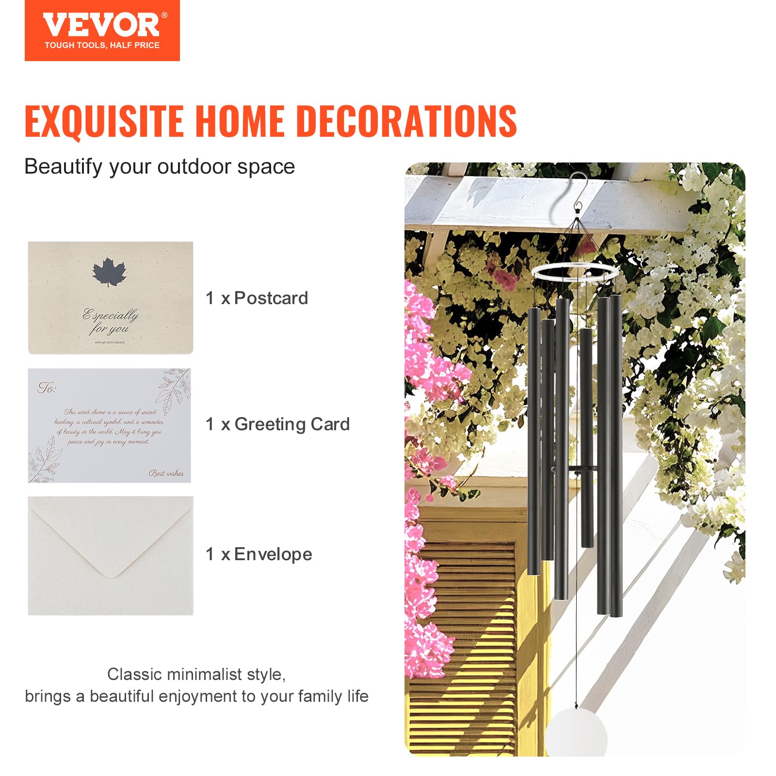 VEVOR Windspiel, 66 Zoll, Windspiel mit tiefem Ton und 6 Röhren, einzigartiges großes Gedenk-Windspiel zum Jahrestag, tolle Außendekoration für Terrasse, Veranda, Garten und Hinterhof, schwarz