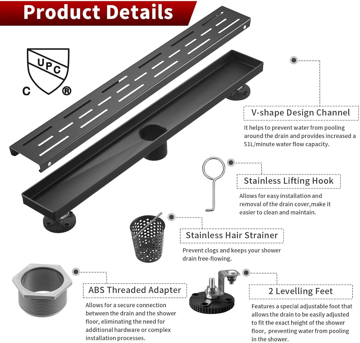 Sharp-tec Linear Shower Drain, 24 inch Shower Drain with Removable Pattern Cover, Matte Black 304 Stainless Steel Rectangle Floor Drain, Adjustable Feet and Hair Strainer Included (Model 101)