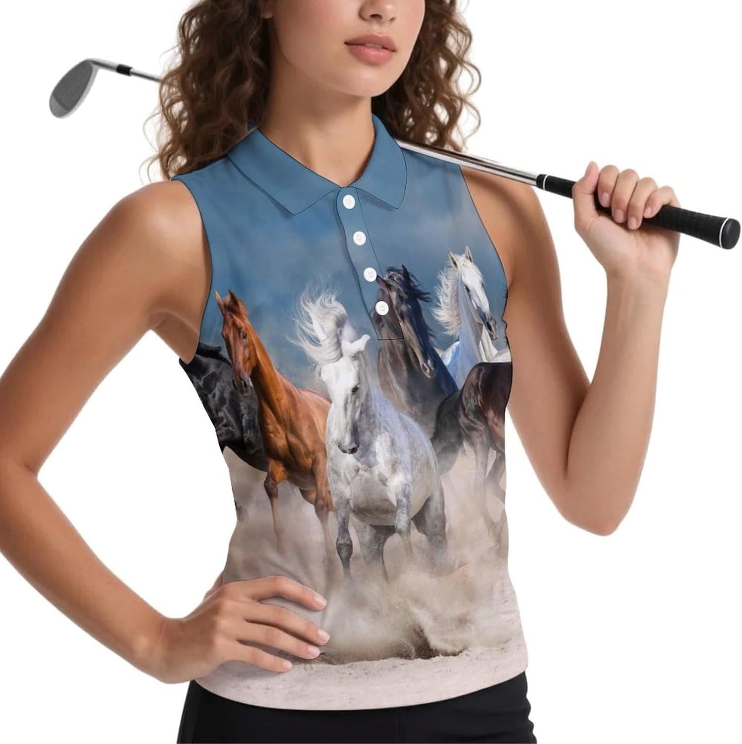 Horse Herd Run in Desert Storm Women's Golf Shirt Sleeveless Polo Shirts Tank Tops Blouses Tennis T-Shirts Casual