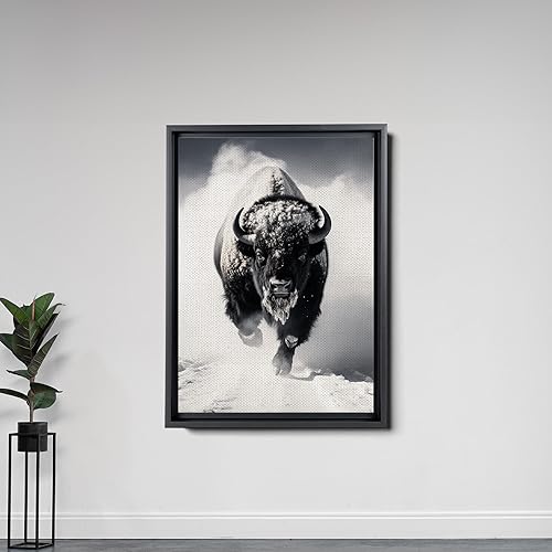 Miniatura 5 de Framed Canvas Print Wall Art Black White Bison Buffalo Landscape Animals, Wildlife Digital Art Realism, Decorative Rustic Relax Calm for Living