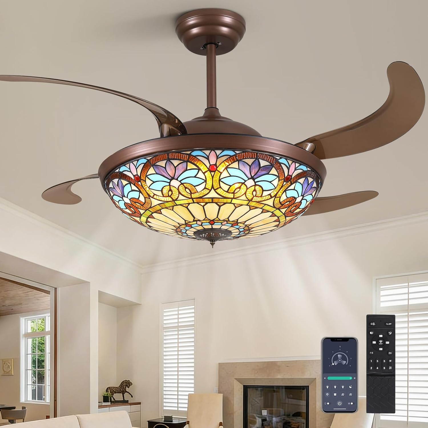 52inch Tiffany Ceiling Fan Chandelier with 4 Retractable Blades Large Fandelier Stainglass Light Dimmable Rversible Vintage Style Ceiling Fan for Living Room Bedroom Kitchen Dining Room