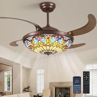 52inch Tiffany Ceiling Fan Chandelier with 4 Retractable Blades Large Fandelier Stainglass Light Dimmable Rversible Vintage Style Ceiling Fan for Living Room Bedroom Kitchen Dining Room