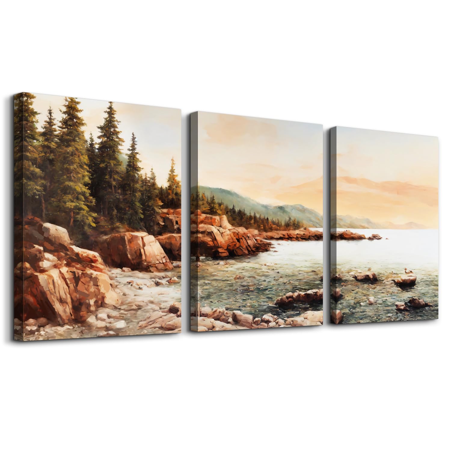 MHARTK66 Arrecife Rojo Cuadros Decoracion Salon 3 Piezas, Puesta de Sol en el Mar Laminas Decorativas Pared Dormitorios, Lienzos Decorativos Pared Bosque Acuarela, Modernos Wall Art Comedor Pasillo