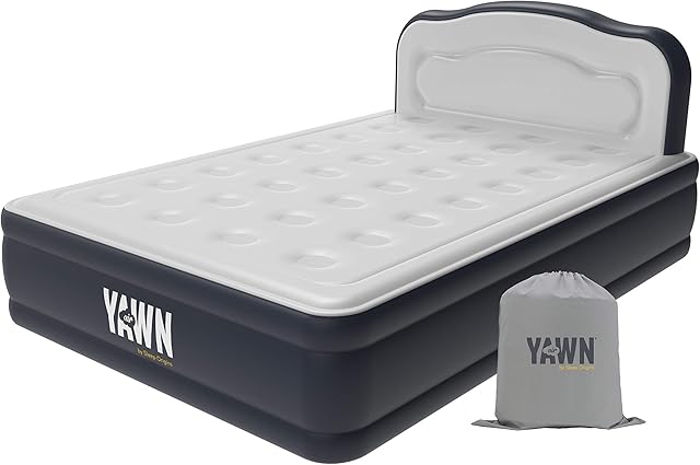 YAWN AIR Bed - Self-Inflating Airbed - Great Guest Bed, Camping Mattress - Built-in Pump & Headboard - Grey Fabric Material - Available in UK Single, Double & King - Double Size