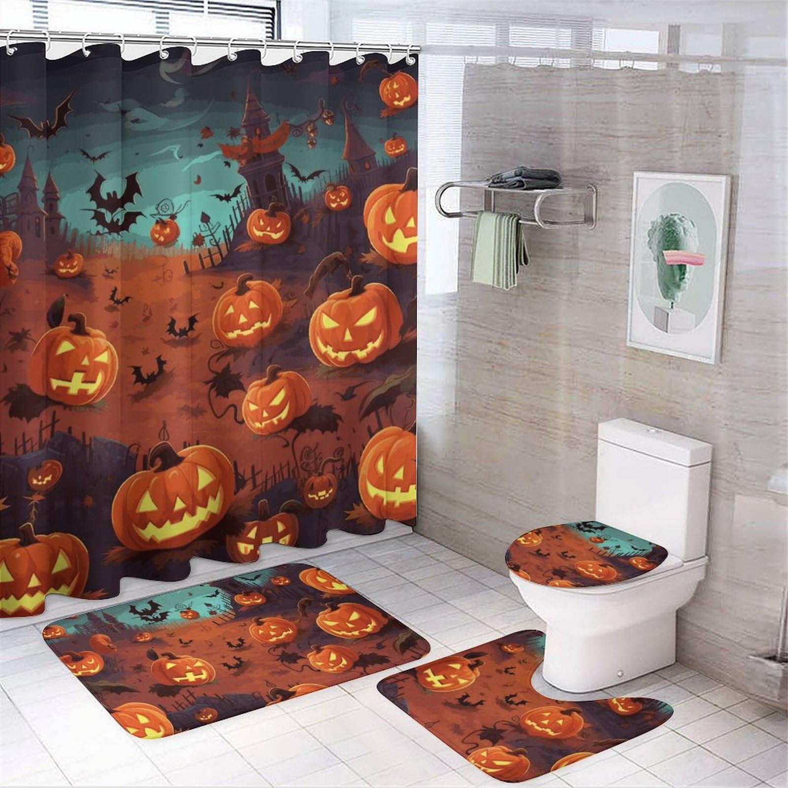 Rideaux de douche Halloween ensemble complet tapis de bain anti-dérapant et housse WC