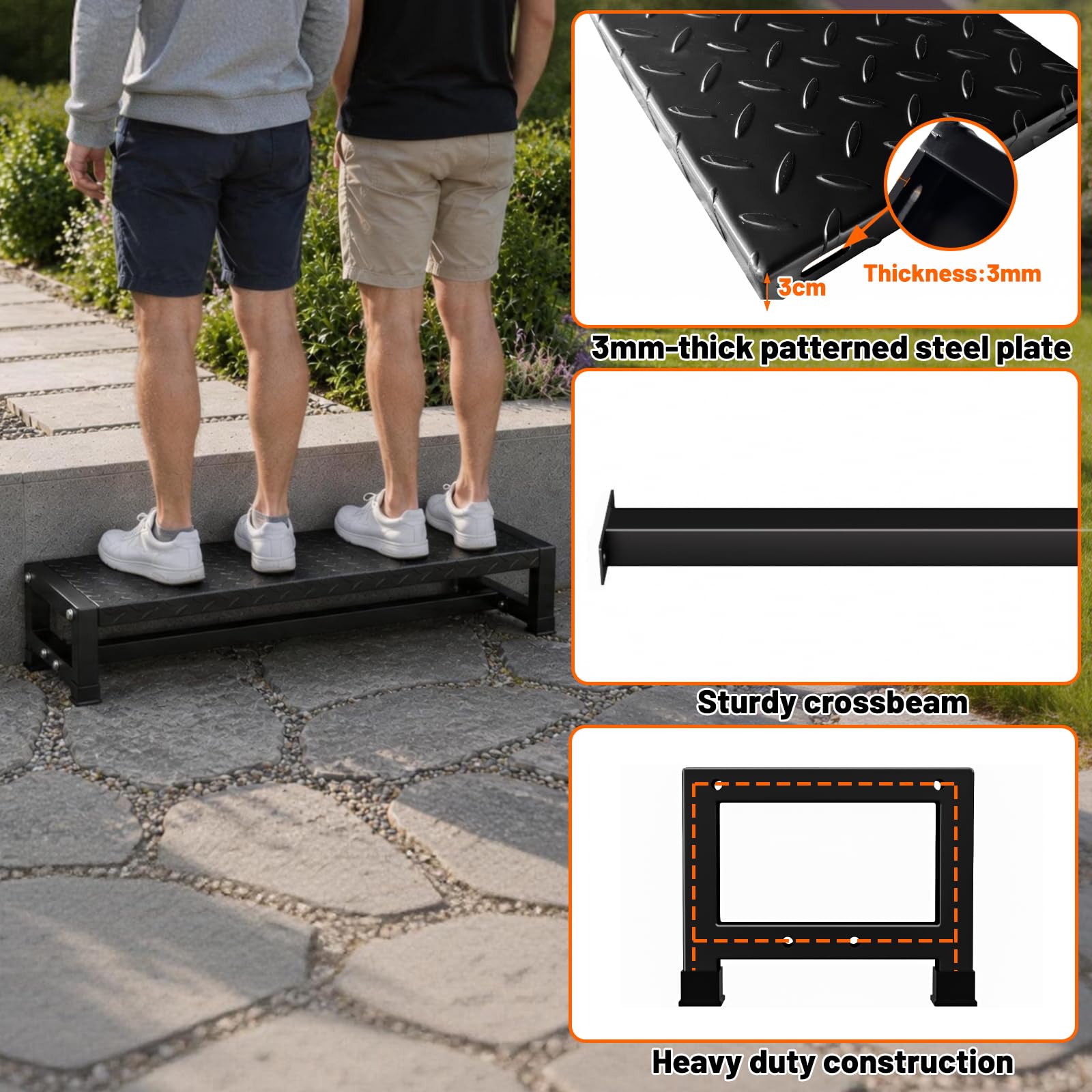 Freistehende Treppe 1 Stufen, Außentreppe aus verzinktem Stahl, rutschfeste Trittstufen mit Metallmuster für Garten und Terrasse (Höhe 20 cm, Breite 100 cm)