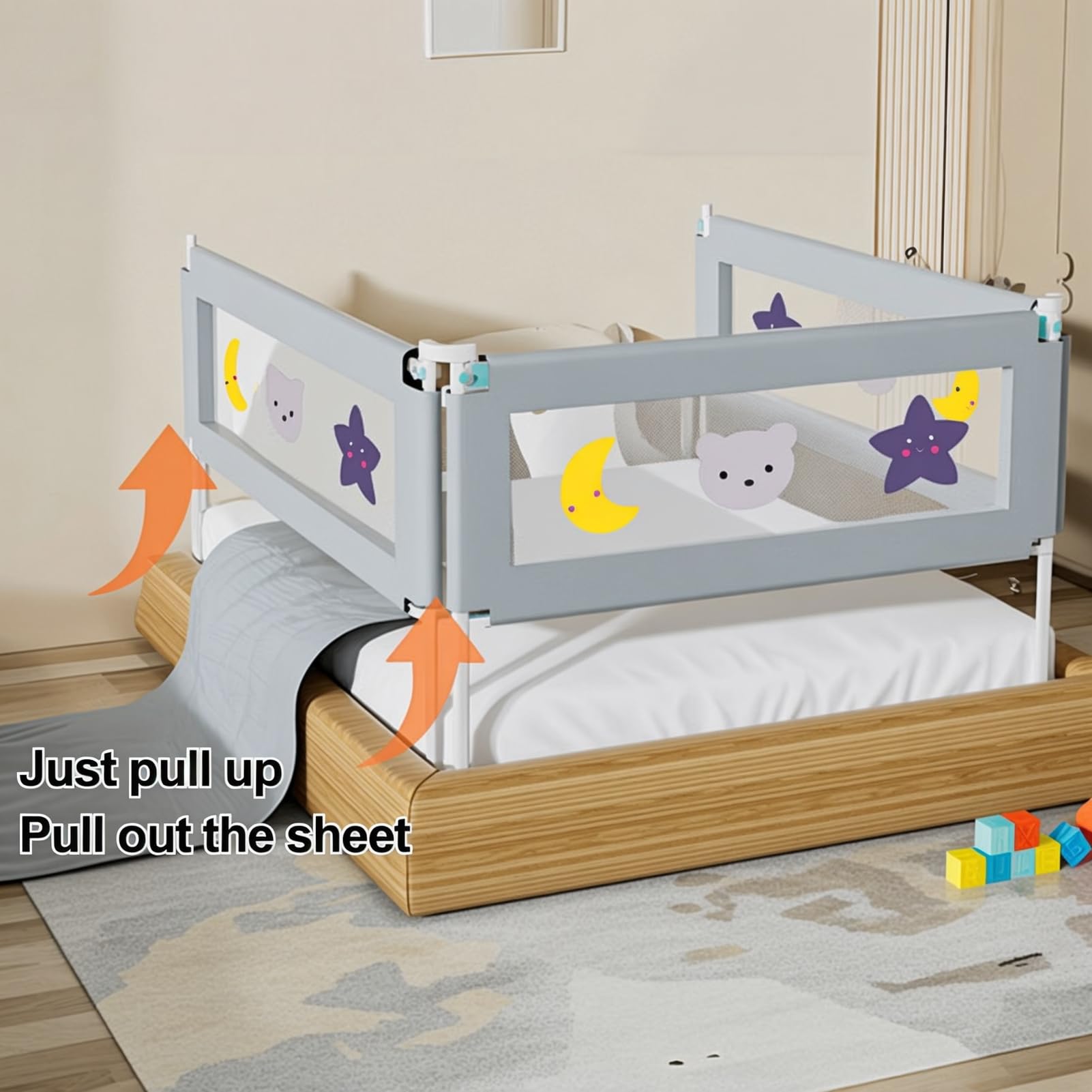 Riel de cama ajustable de 3 piezas para niños pequeños, protector de seguridad para cama de bebé tamaño King, valla resistente y extralarga, diseño de elevación con patrón de dibujos animados