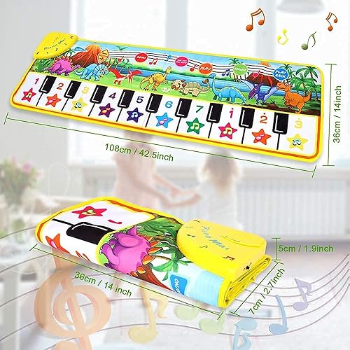 Miniatura 7 de M SANMERSEN Tapete de piano para niños 43 x 14 pulgadas teclado de suelo de dinosaurio tapete de juego de música baile con 10 canciones de